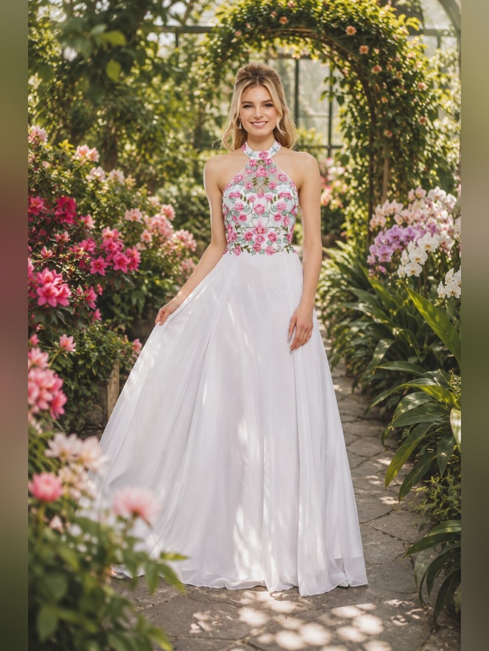 White Floral Embroidered Halter Maxi Gown